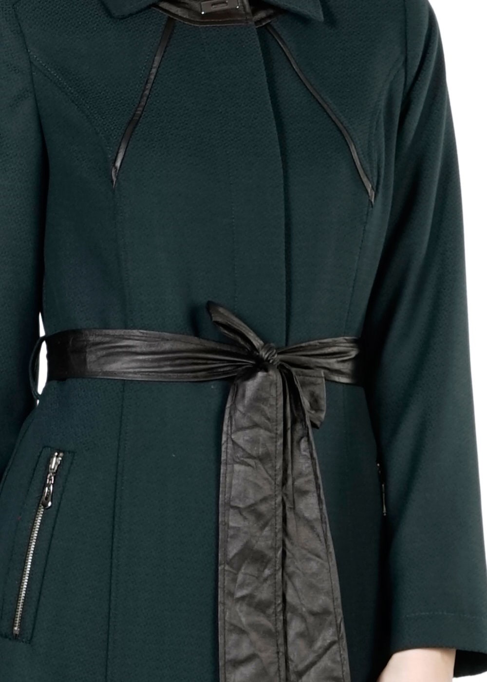 Tesettür giyim YEŞİL DERİ KUŞAKLI PARDESÜ 1684