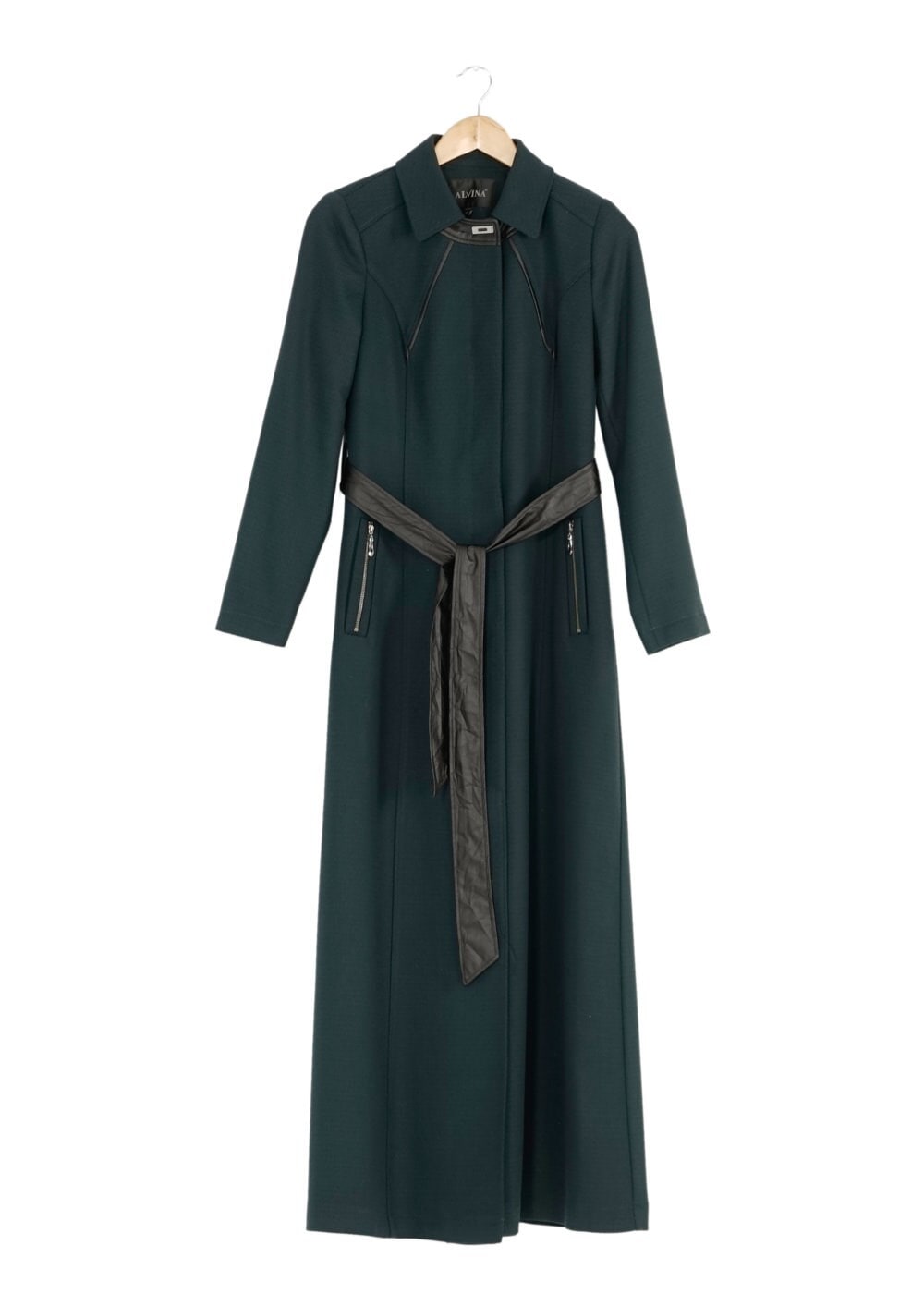 Tesettür giyim YEŞİL DERİ KUŞAKLI PARDESÜ 1684