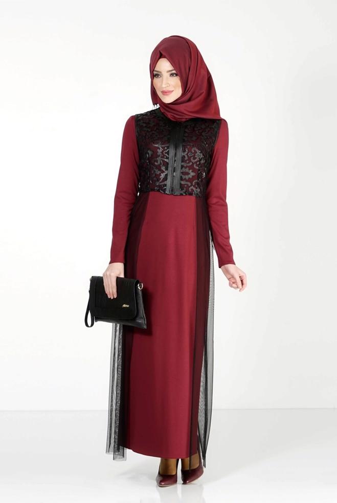 Hijab clothing CLARET RED GUIPURE DETAILED DRESS SUIT 4078  - ALVİNA