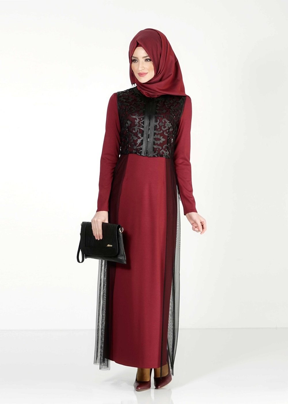 Vêtements hijab ROUGE BORDEAUX ROBE COSTUME À GUIPURE 4078 
