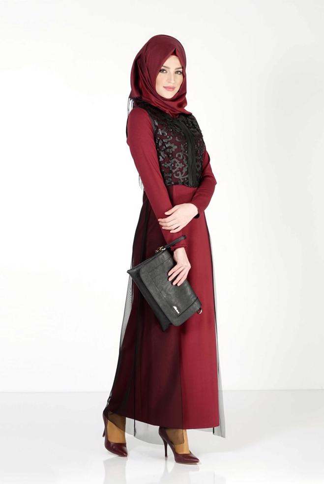 Hijab clothing CLARET RED GUIPURE DETAILED DRESS SUIT 4078  - ALVİNA