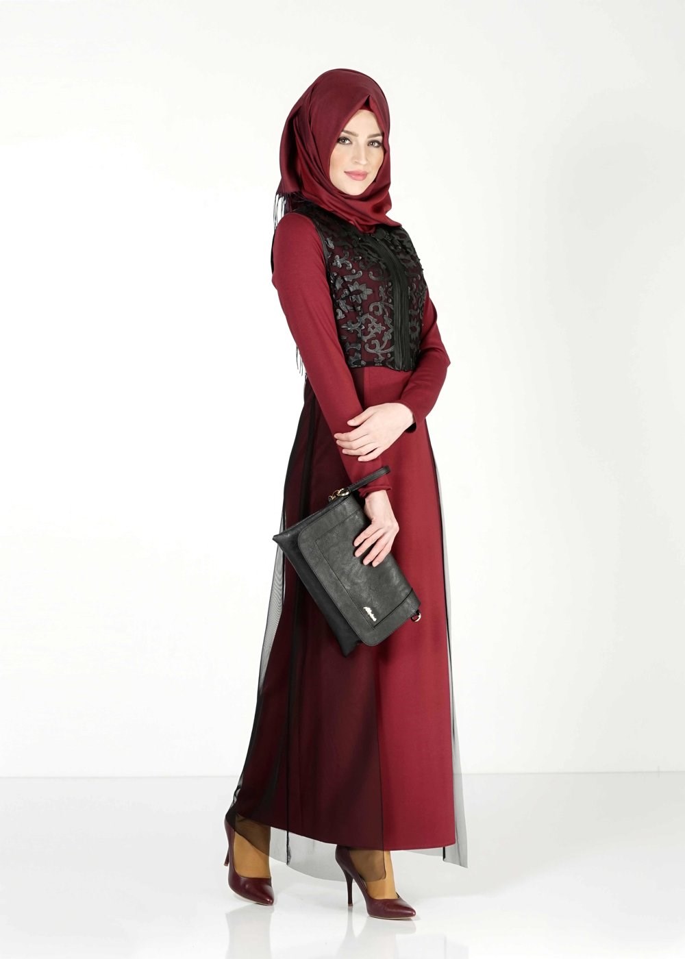Vêtements hijab ROUGE BORDEAUX ROBE COSTUME À GUIPURE 4078 
