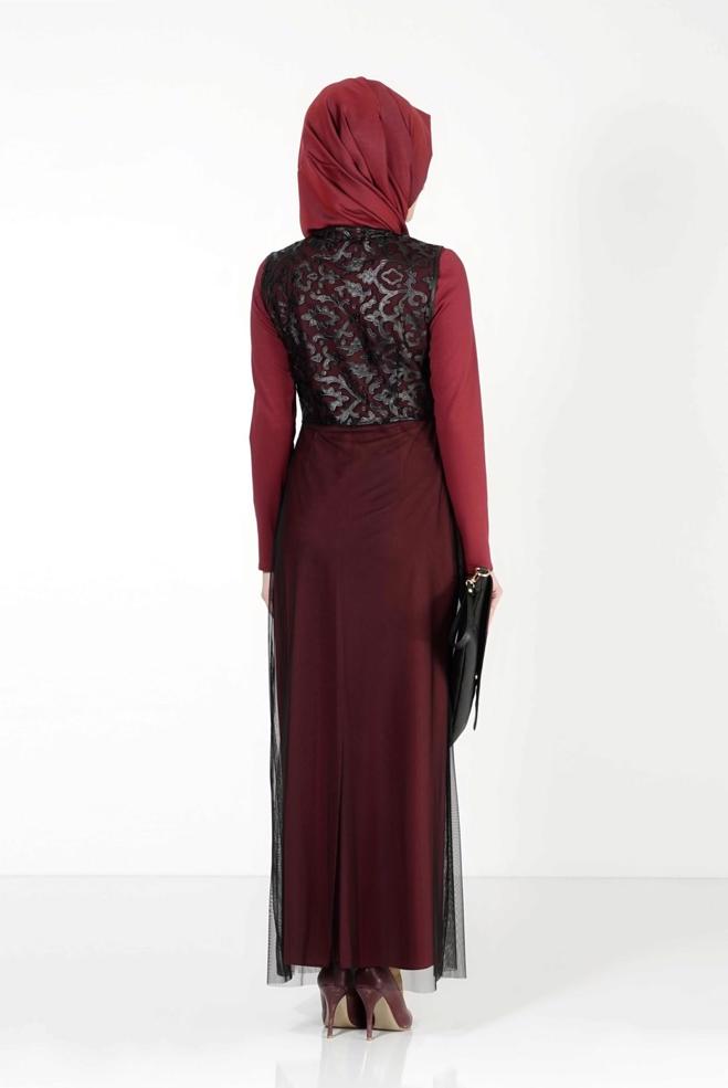 Hijab clothing CLARET RED GUIPURE DETAILED DRESS SUIT 4078  - ALVİNA