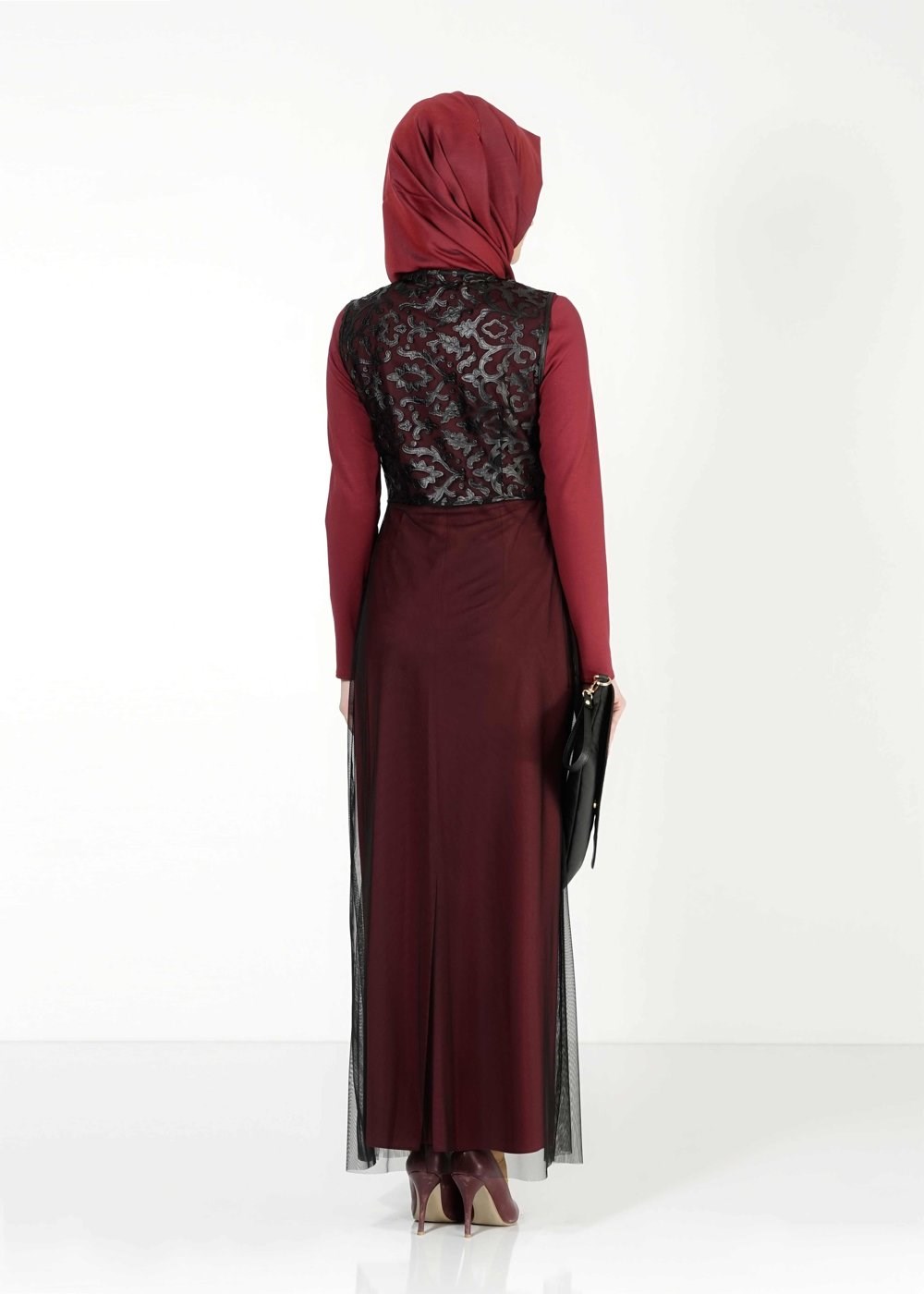 Vêtements hijab ROUGE BORDEAUX ROBE COSTUME À GUIPURE 4078 