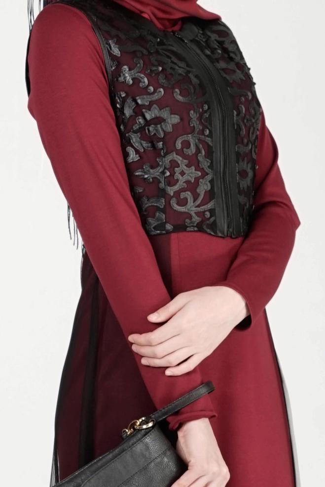 Hijab clothing CLARET RED GUIPURE DETAILED DRESS SUIT 4078  - ALVİNA