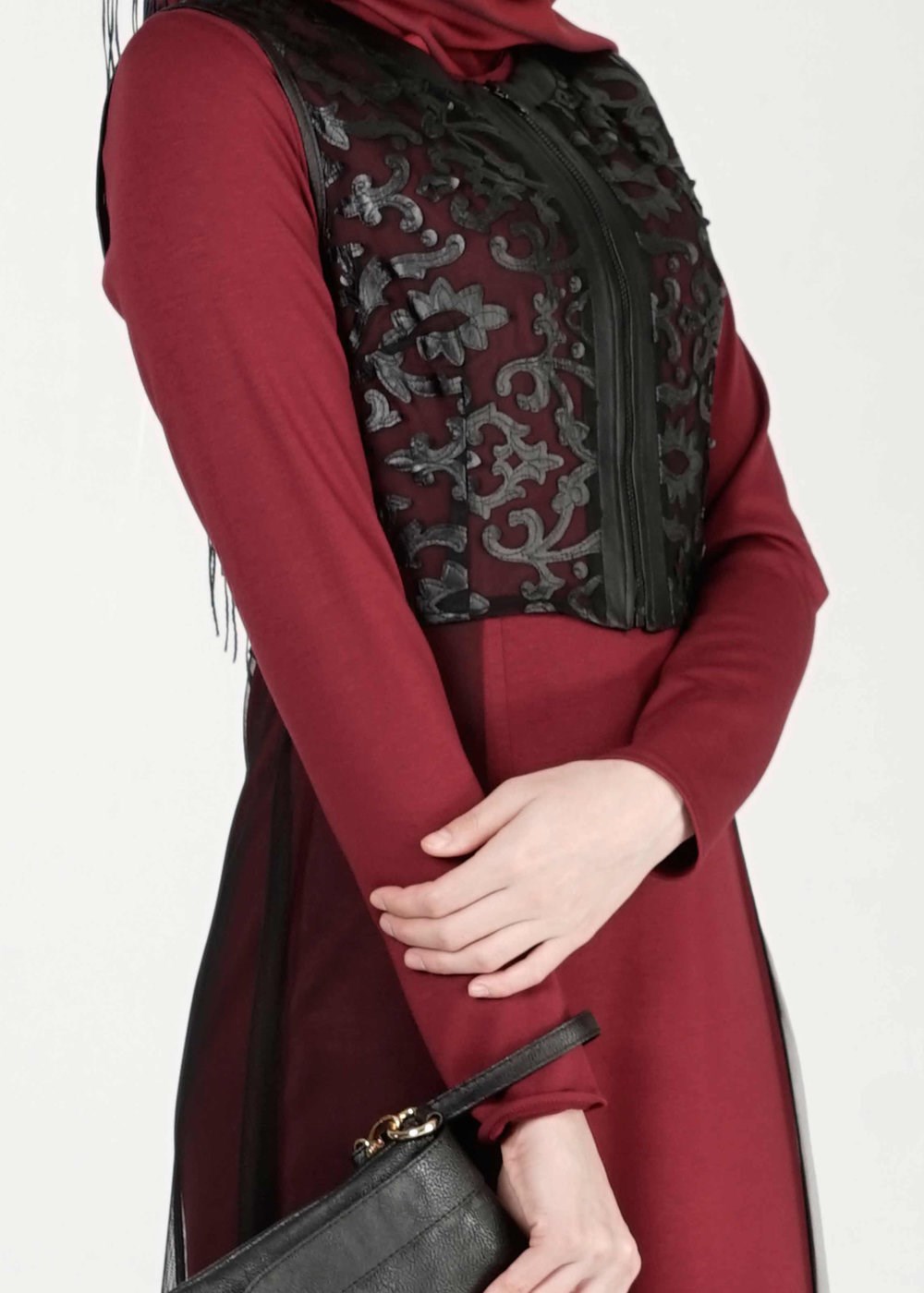 Vêtements hijab ROUGE BORDEAUX ROBE COSTUME À GUIPURE 4078 