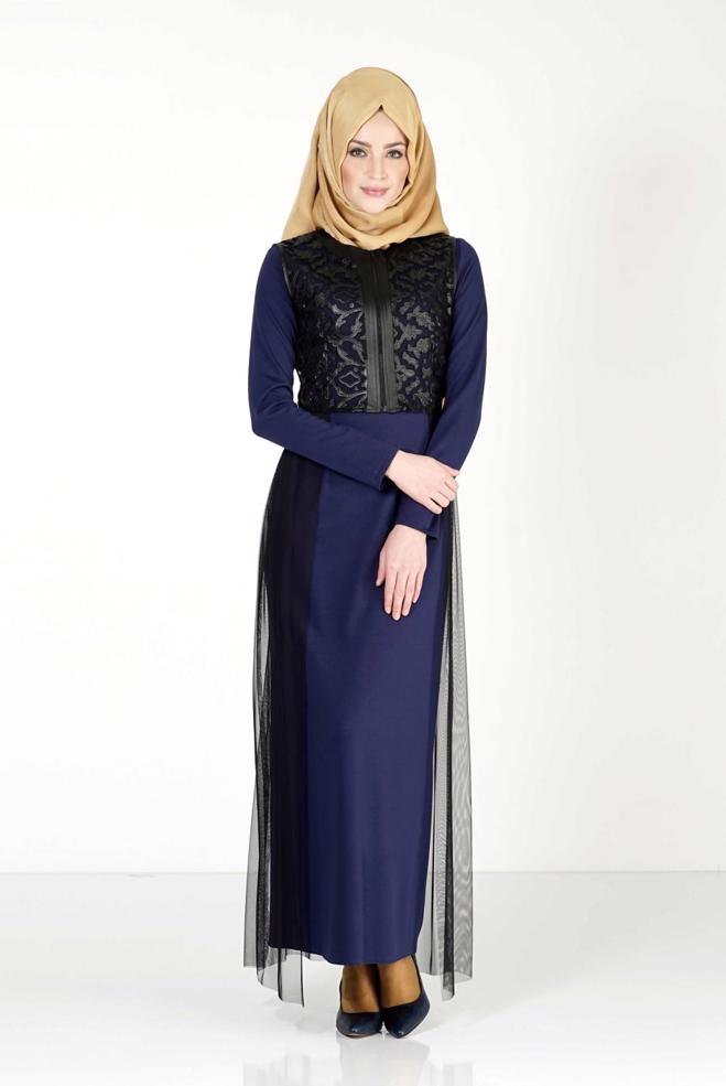 Hijab clothing NAVY BLUE GUIPURE DETAILED DRESS SUIT 4078  - ALVİNA