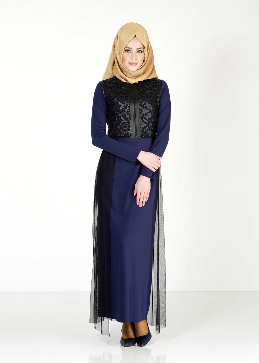Tesettür giyim LACİVERT GÜPÜR DETAYLI 2′Lİ ELBİSE 4078 