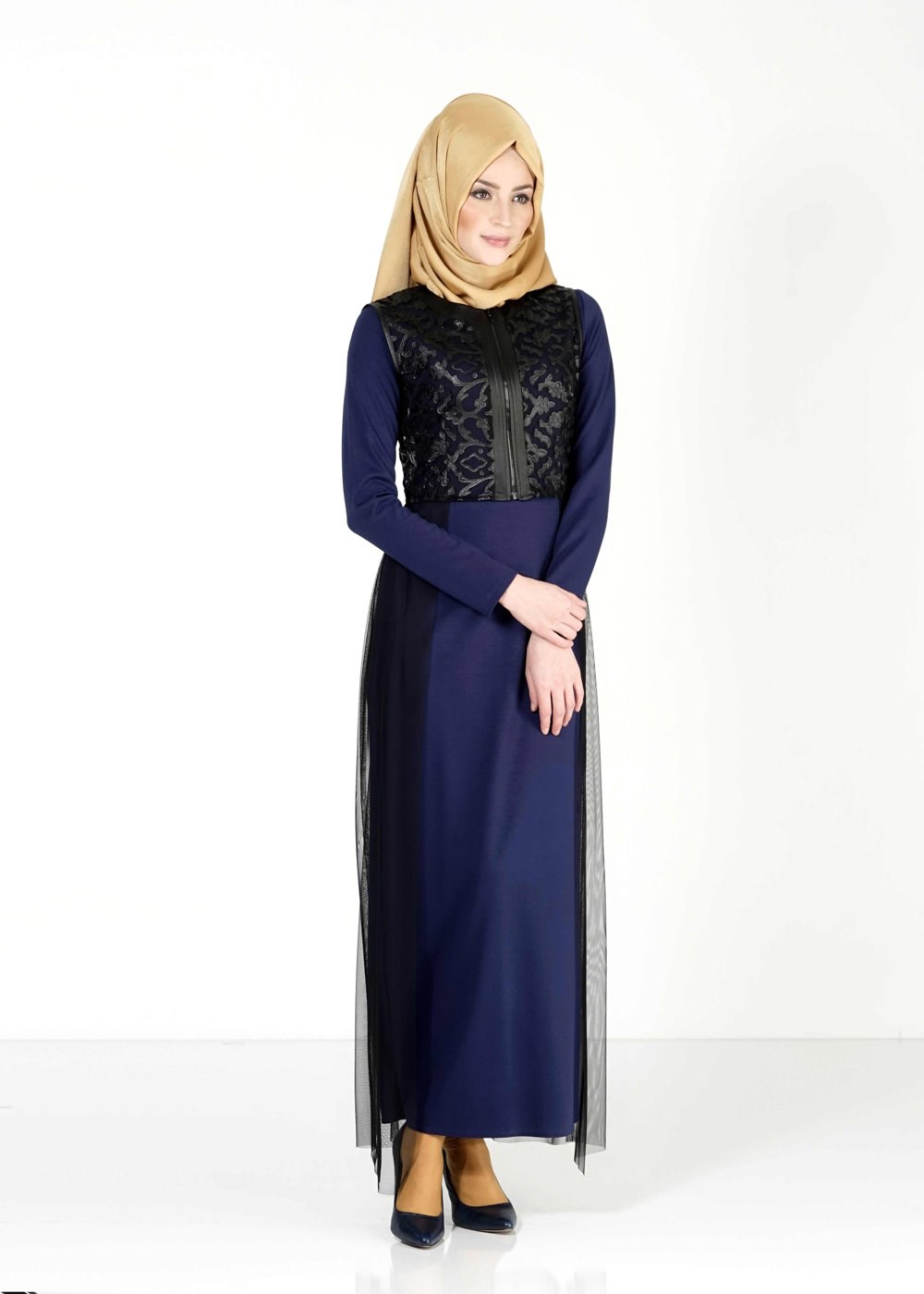 Tesettür giyim LACİVERT GÜPÜR DETAYLI 2′Lİ ELBİSE 4078 