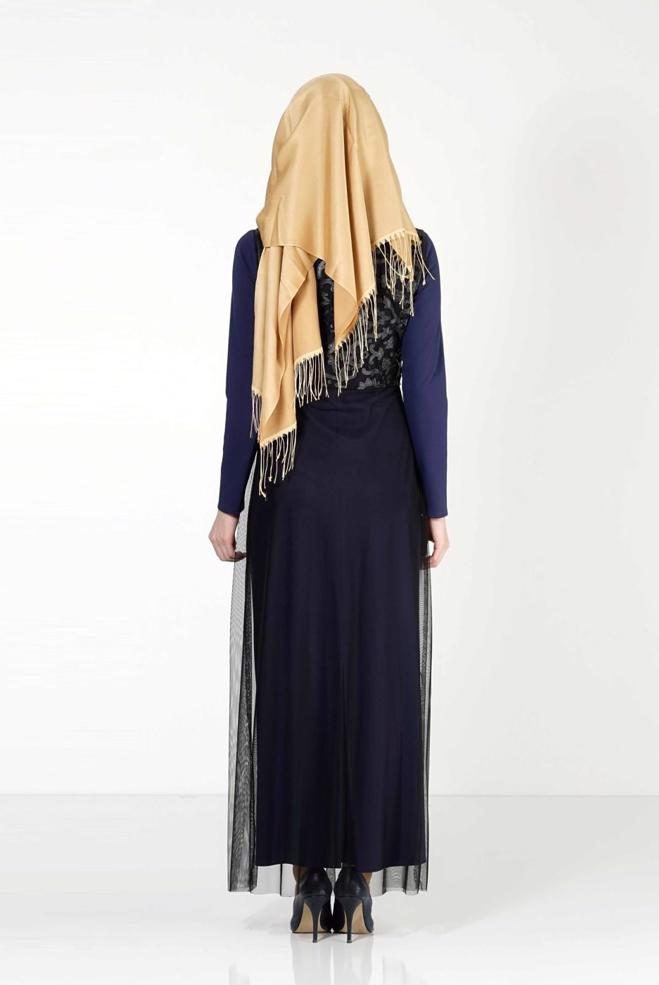 Hijab clothing NAVY BLUE GUIPURE DETAILED DRESS SUIT 4078  - ALVİNA