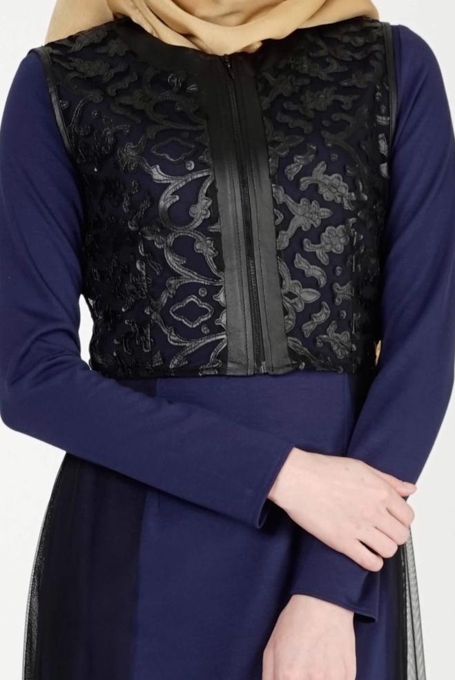 Hijab clothing NAVY BLUE GUIPURE DETAILED DRESS SUIT 4078  - ALVİNA