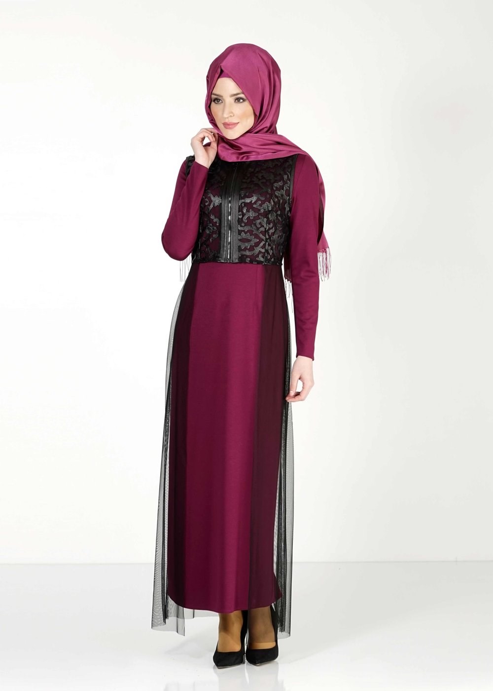 Tesettür giyim MOR GÜPÜR DETAYLI 2′Lİ ELBİSE 4078 