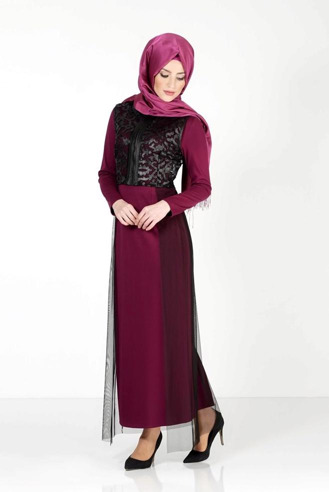 Hijab clothing PURPLE GUIPURE DETAILED DRESS SUIT 4078  - ALVİNA