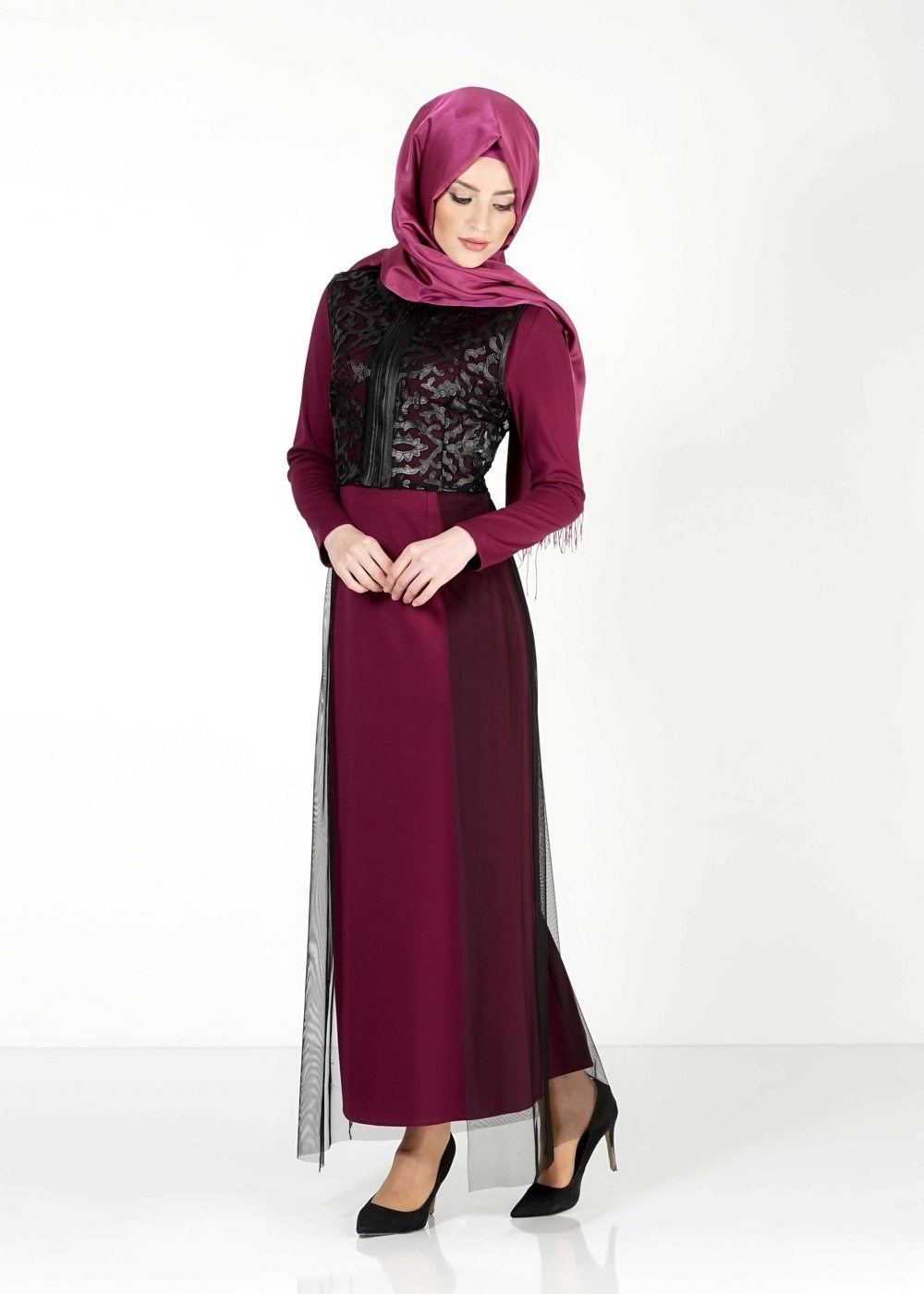 Tesettür giyim MOR GÜPÜR DETAYLI 2′Lİ ELBİSE 4078 