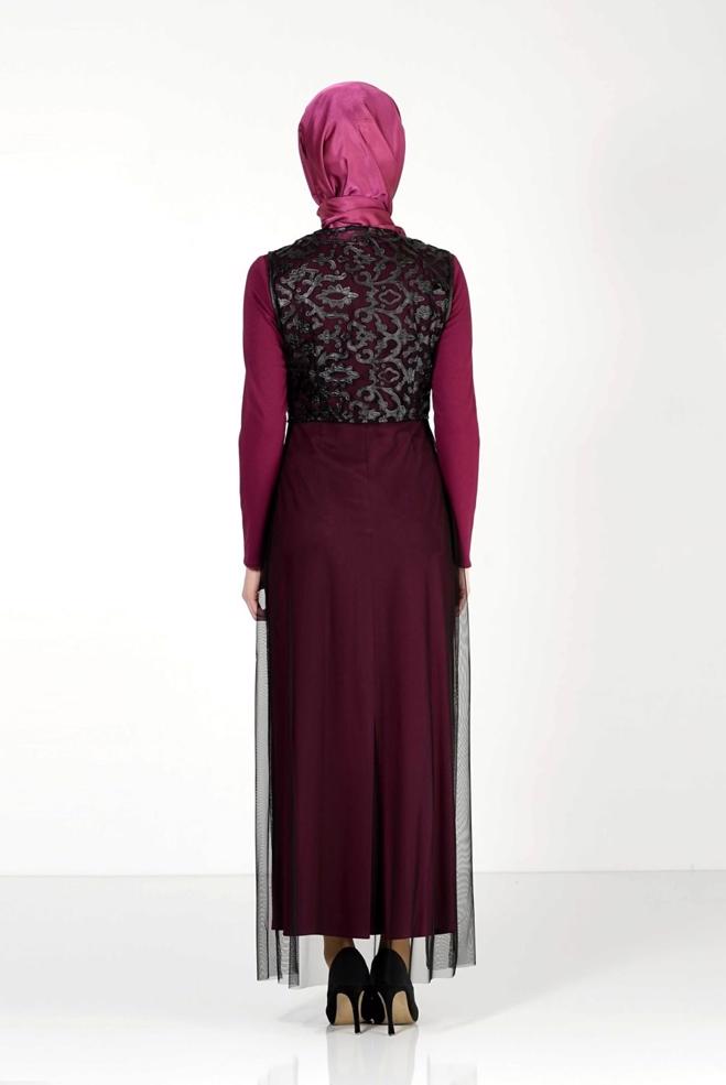 Hijab clothing PURPLE GUIPURE DETAILED DRESS SUIT 4078  - ALVİNA