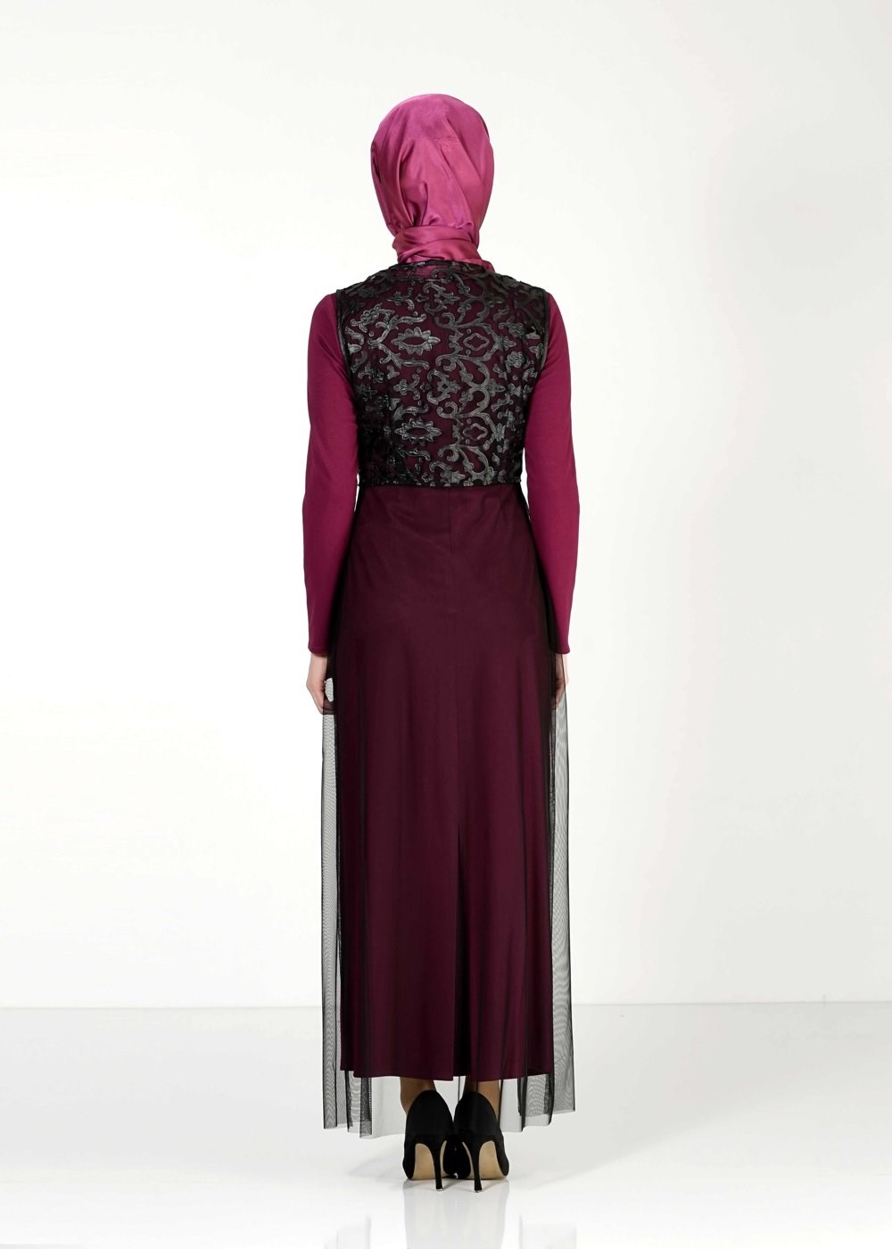 Tesettür giyim MOR GÜPÜR DETAYLI 2′Lİ ELBİSE 4078 