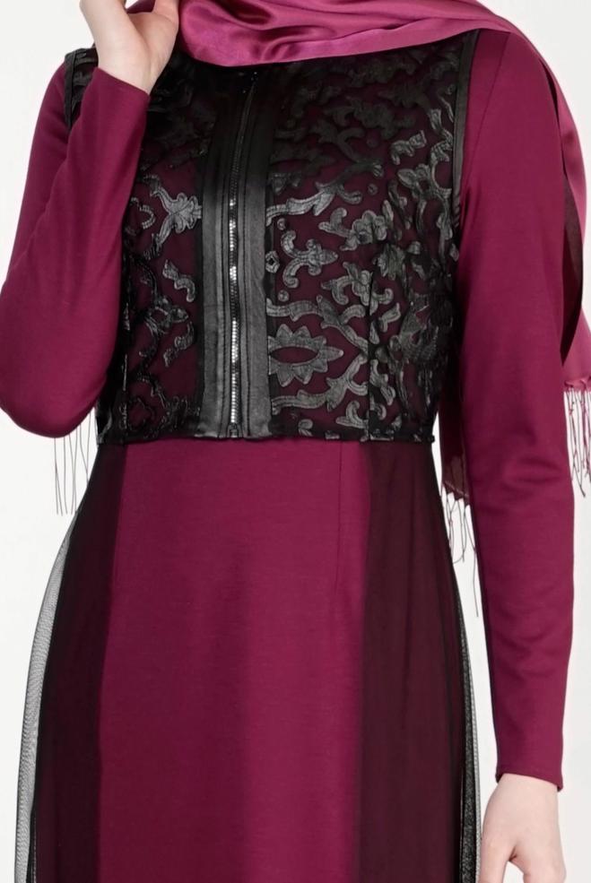 Hijab clothing PURPLE GUIPURE DETAILED DRESS SUIT 4078  - ALVİNA