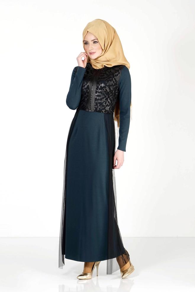 Hijab clothing GREEN GUIPURE DETAILED DRESS SUIT 4078  - ALVİNA