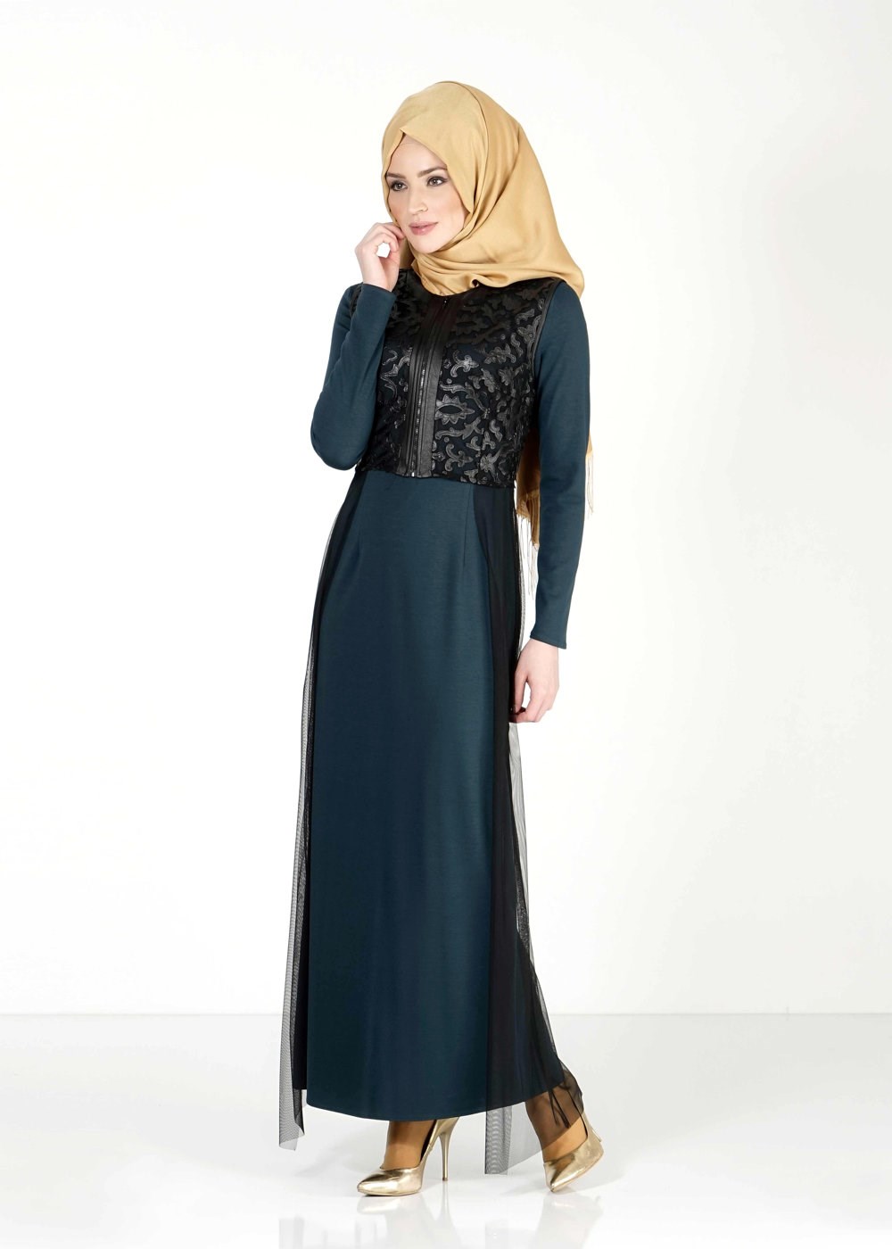 Vêtements hijab VERT ROBE COSTUME À GUIPURE 4078 