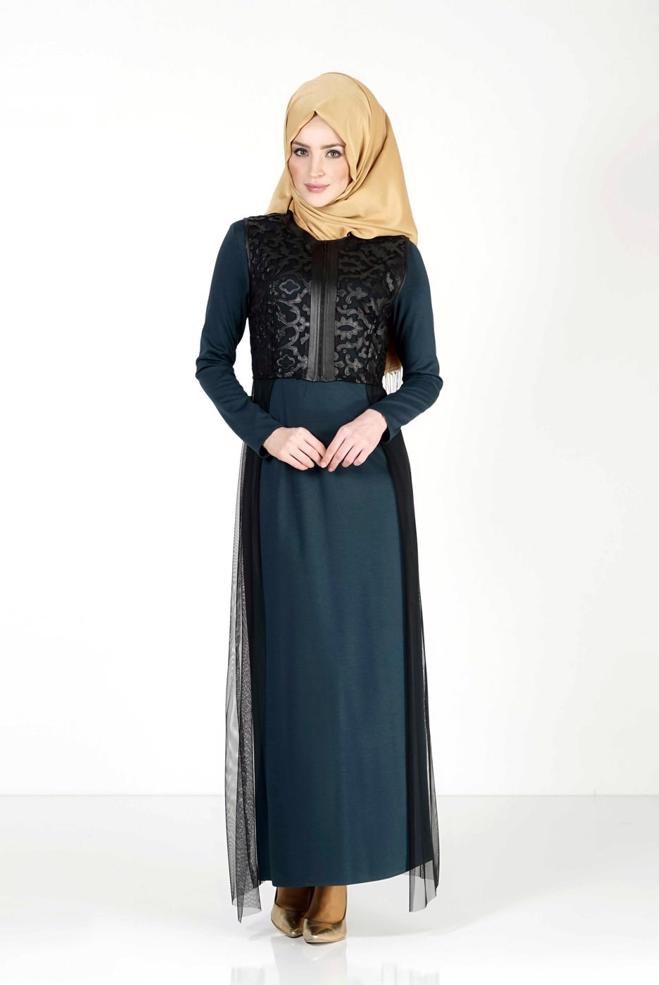 Hijab clothing GREEN GUIPURE DETAILED DRESS SUIT 4078  - ALVİNA