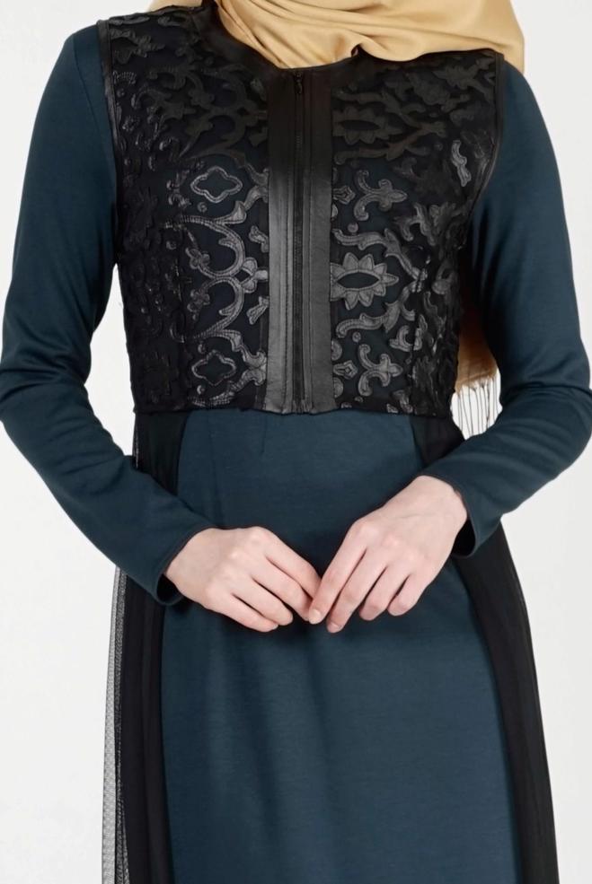 Hijab clothing GREEN GUIPURE DETAILED DRESS SUIT 4078  - ALVİNA