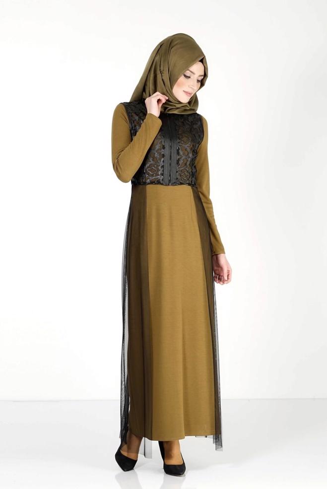 Hijab clothing GREEN GUIPURE DETAILED DRESS SUIT 4078  - ALVİNA