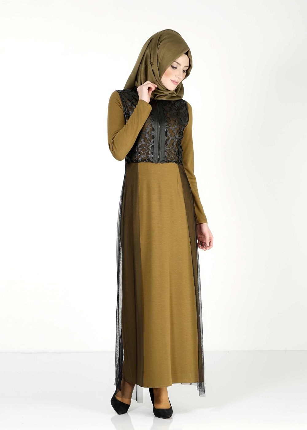 Hijab clothing GREEN GUIPURE DETAILED DRESS SUIT 4078 