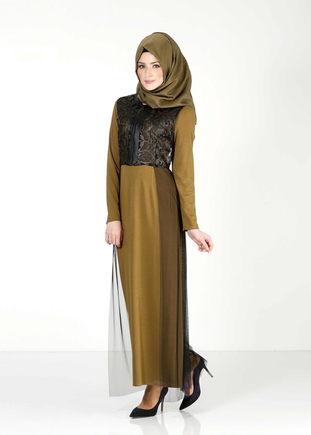 Hijab clothing GREEN GUIPURE DETAILED DRESS SUIT 4078 