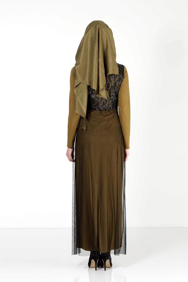 Hijab clothing GREEN GUIPURE DETAILED DRESS SUIT 4078  - ALVİNA