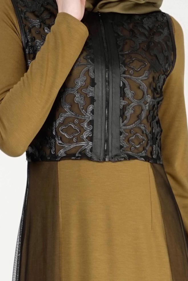 Hijab clothing GREEN GUIPURE DETAILED DRESS SUIT 4078  - ALVİNA