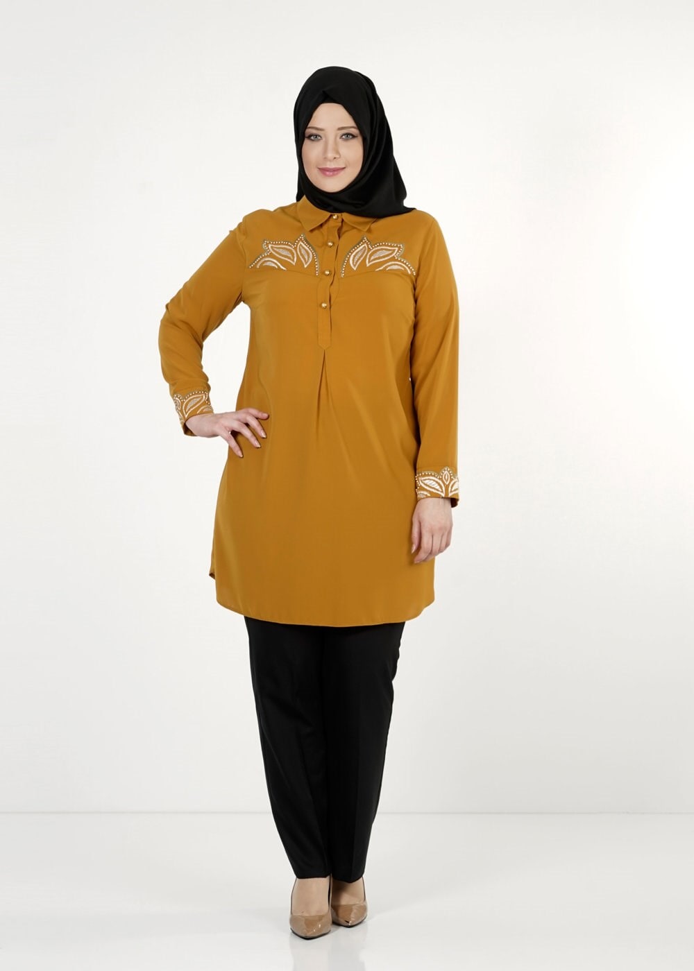 Tesettür giyim SARI NAKIŞLI TUNİK 2489 