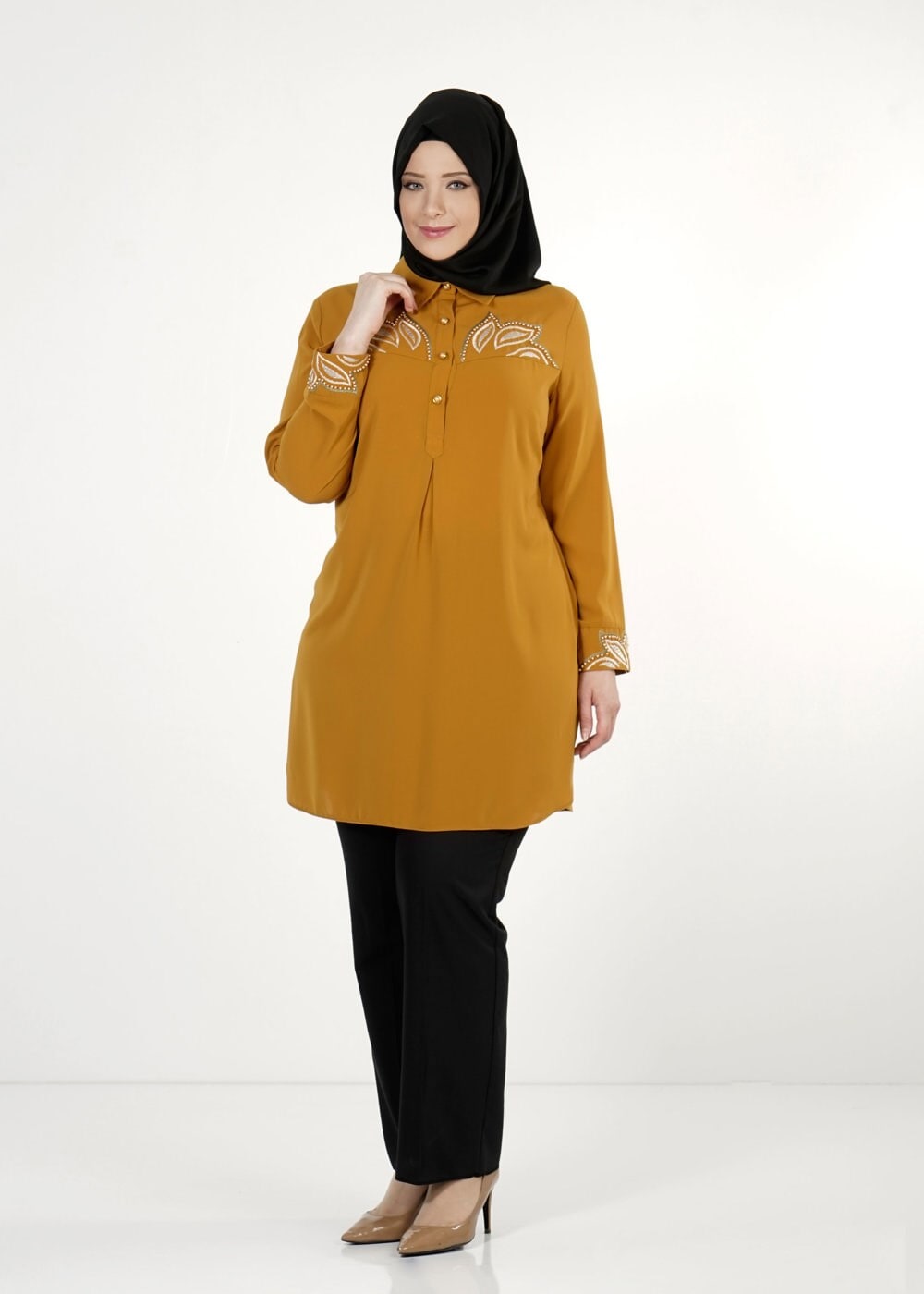 Tesettür giyim SARI NAKIŞLI TUNİK 2489 