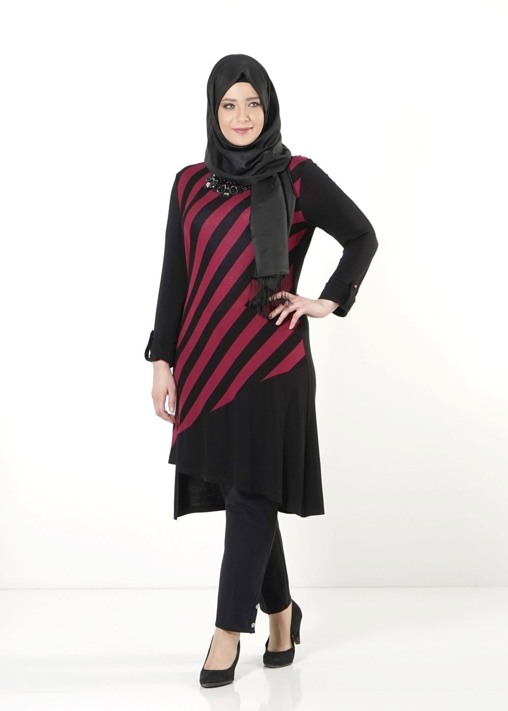 Tesettür giyim FUŞYA ŞERİTLİ TUNİK 2531 