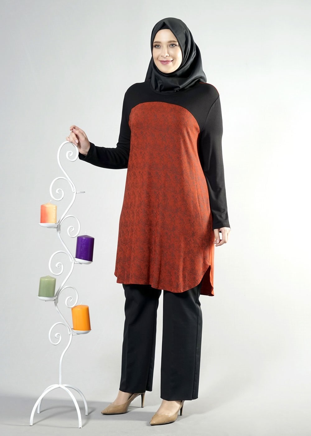 Tesettür giyim TURUNCU DESENLİ TUNİK 2532 