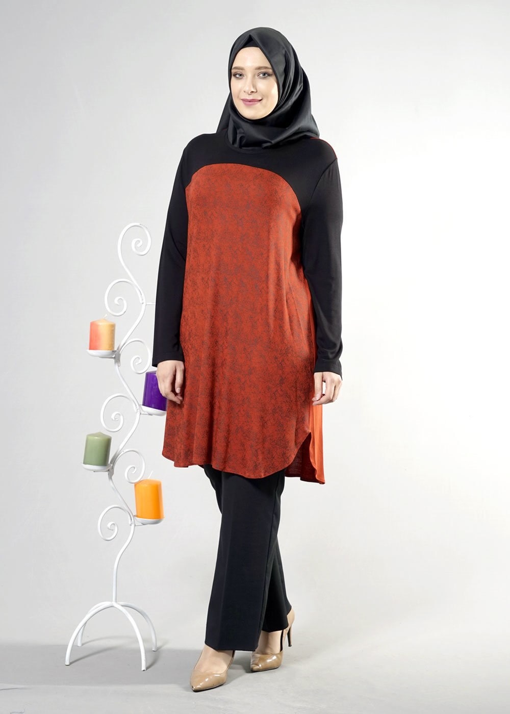 Tesettür giyim TURUNCU DESENLİ TUNİK 2532 