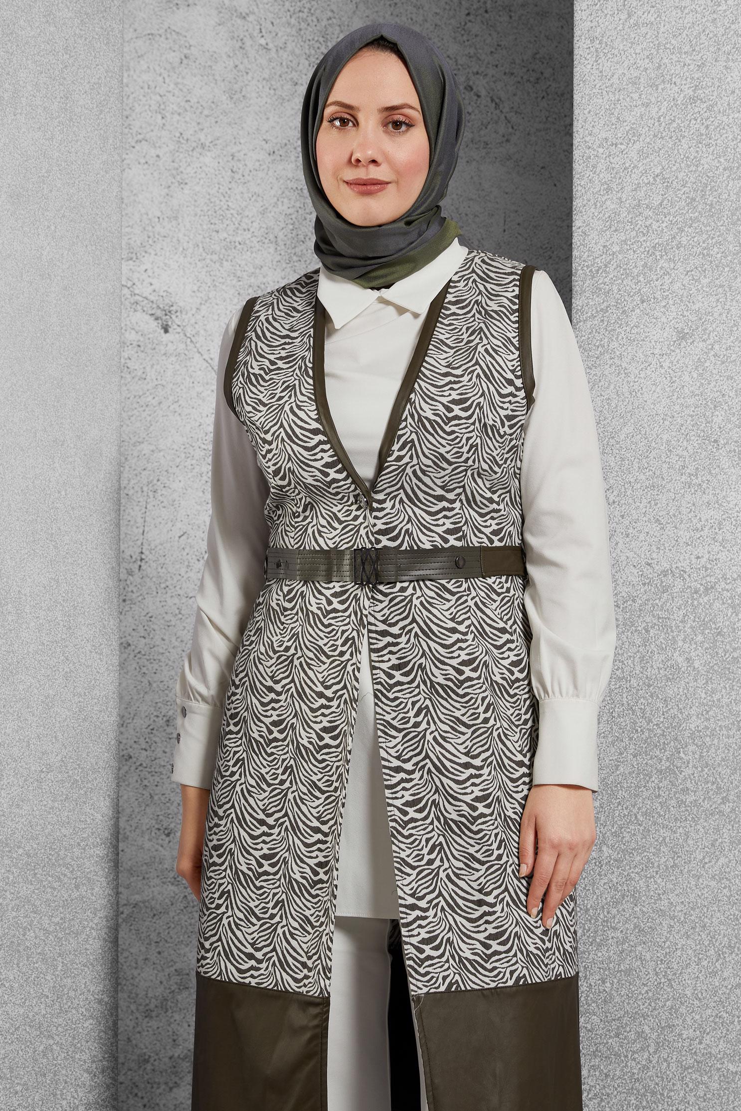 Tesettür giyim HAKİ DESENLİ YELEKLİ TUNİK 4004