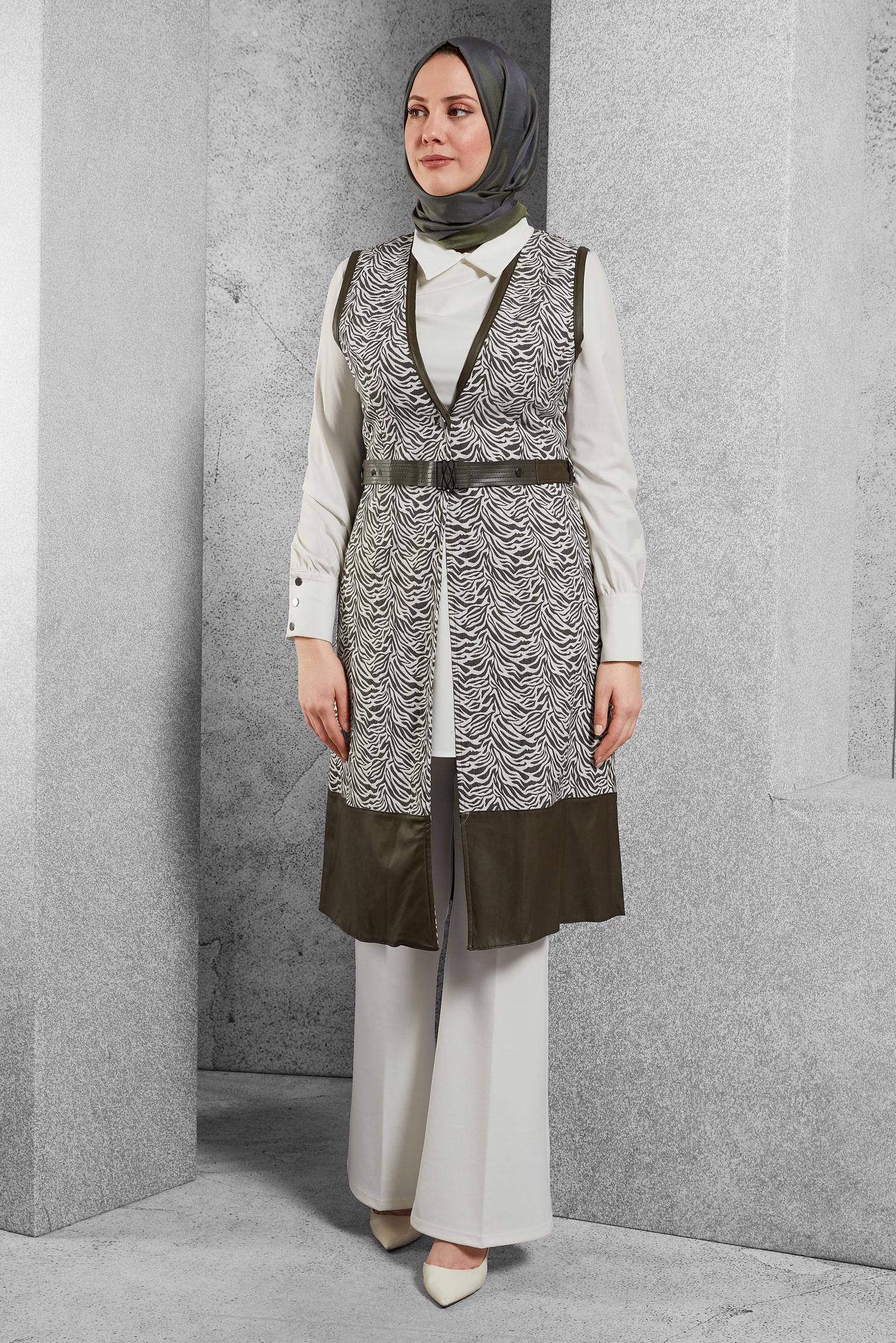 Tesettür giyim HAKİ DESENLİ YELEKLİ TUNİK 4004