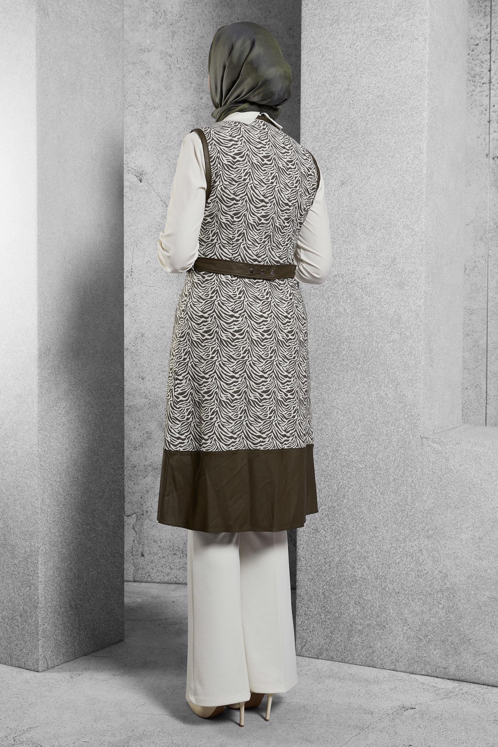 Tesettür giyim HAKİ DESENLİ YELEKLİ TUNİK 4004