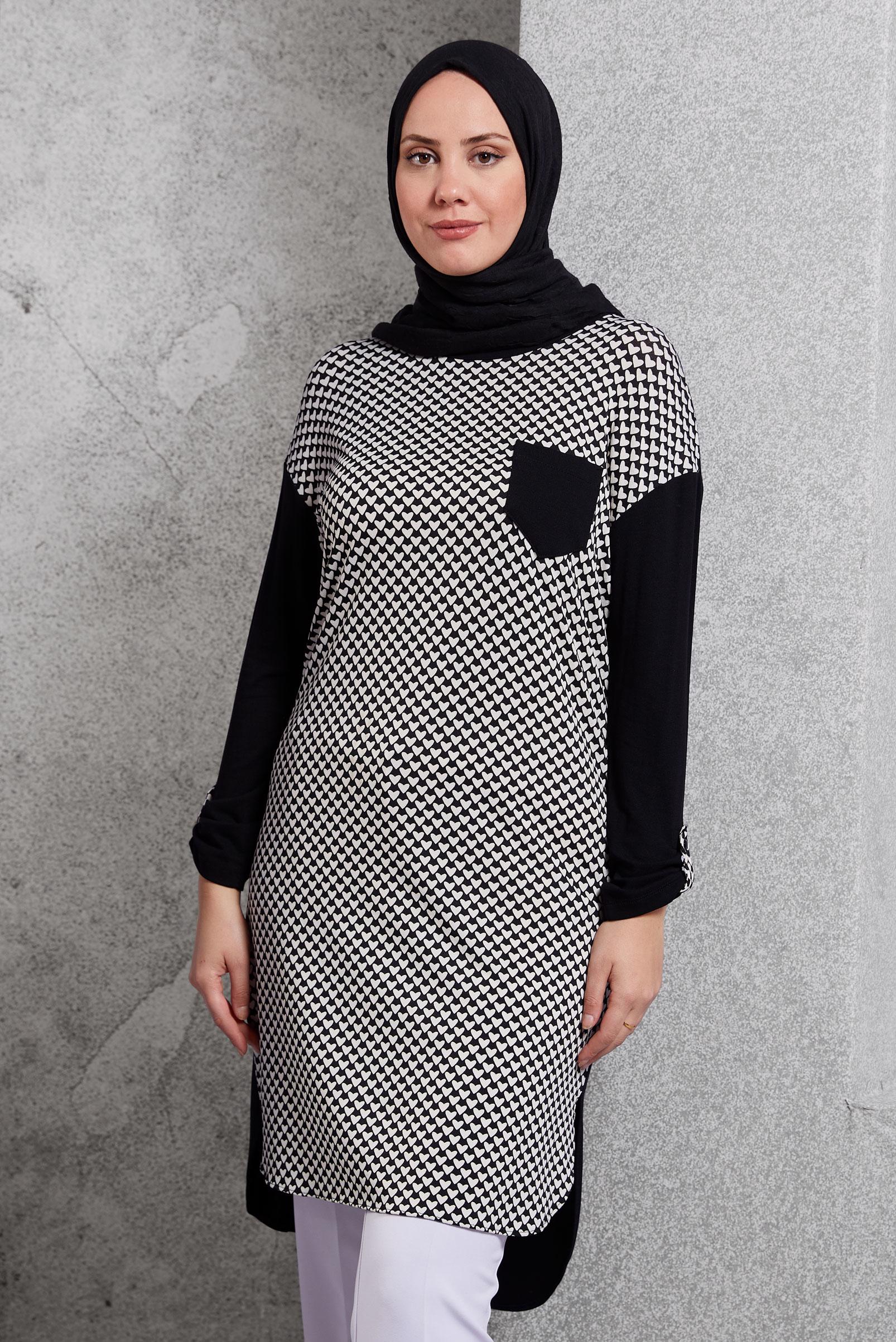 Tesettür giyim SİYAH DESENLİ TUNİK 4020