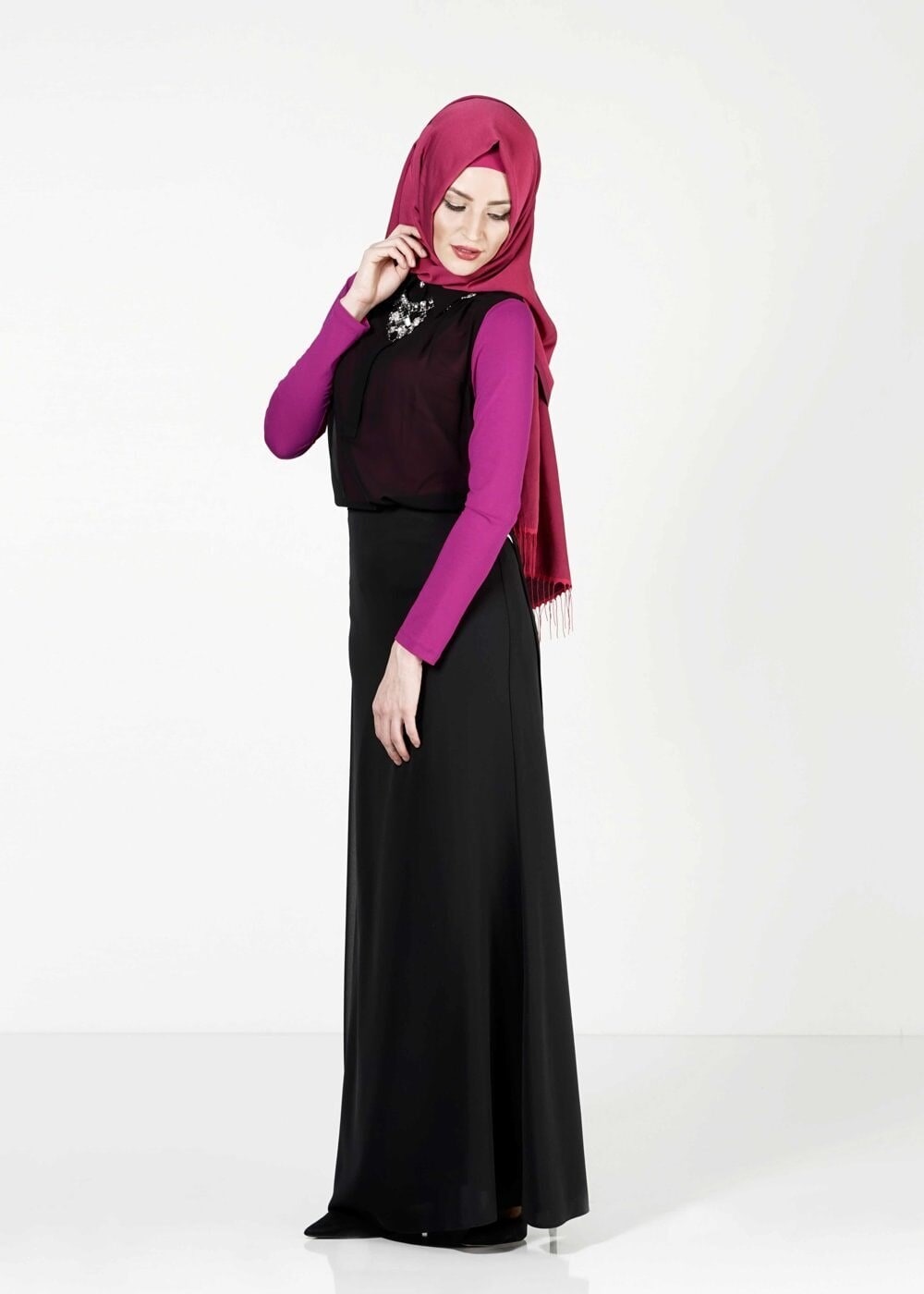 Tesettür giyim FUŞYA ŞİFON DETAYLI TUNİK 4041 