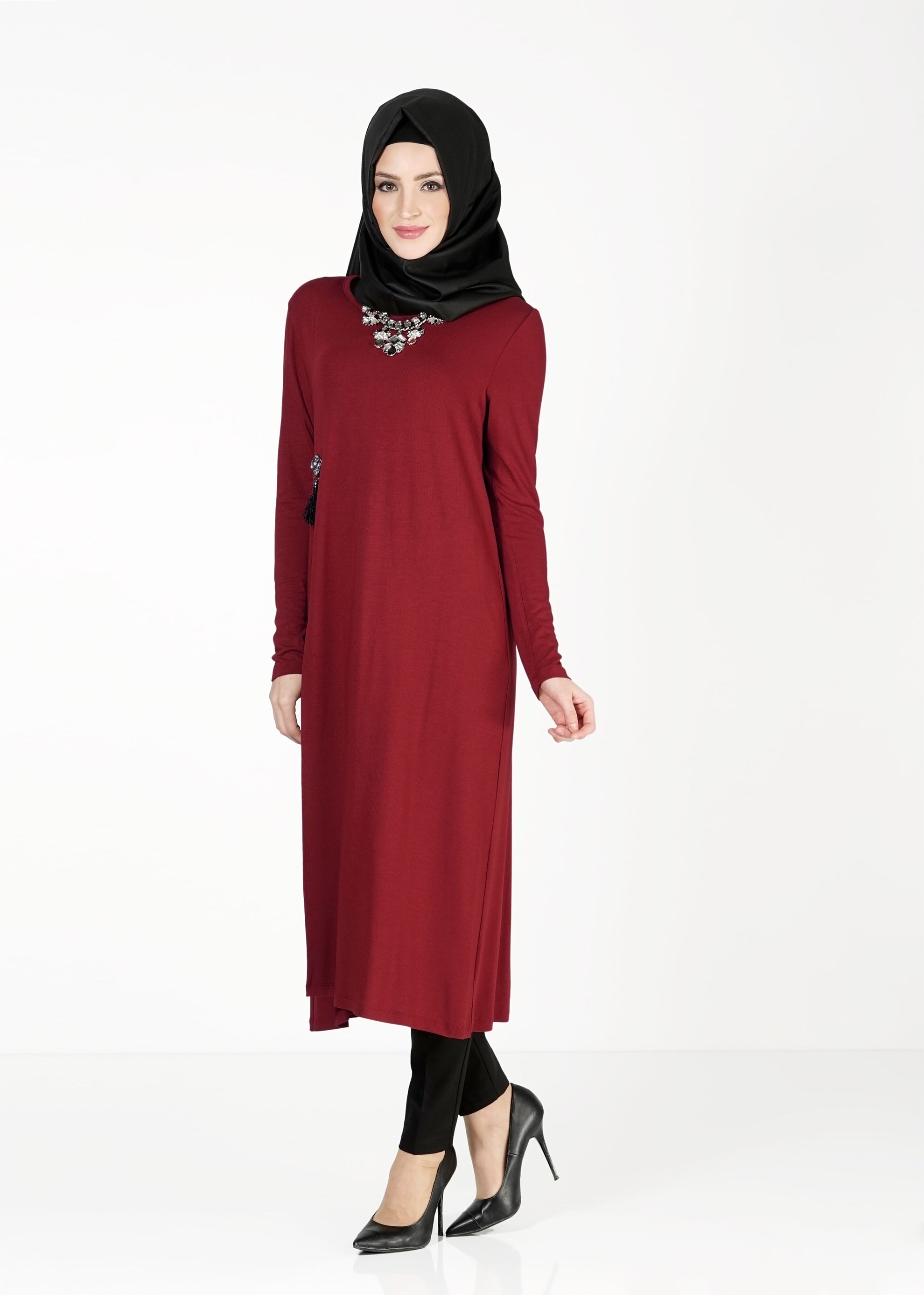 Tesettür giyim BORDO UZUN BASIC TUNİK 4052 