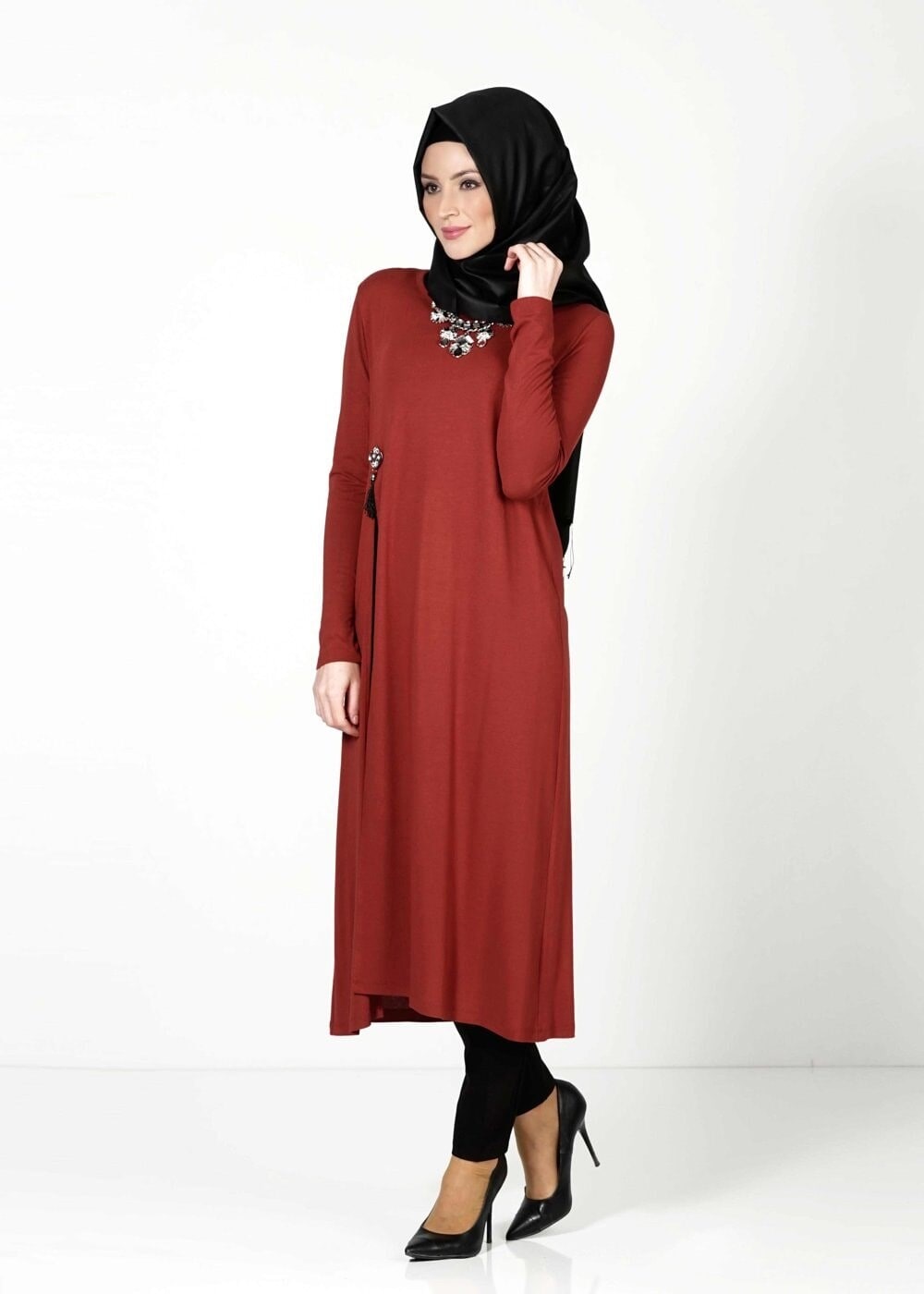 Tesettür giyim KIRMIZI UZUN BASIC TUNİK 4052 