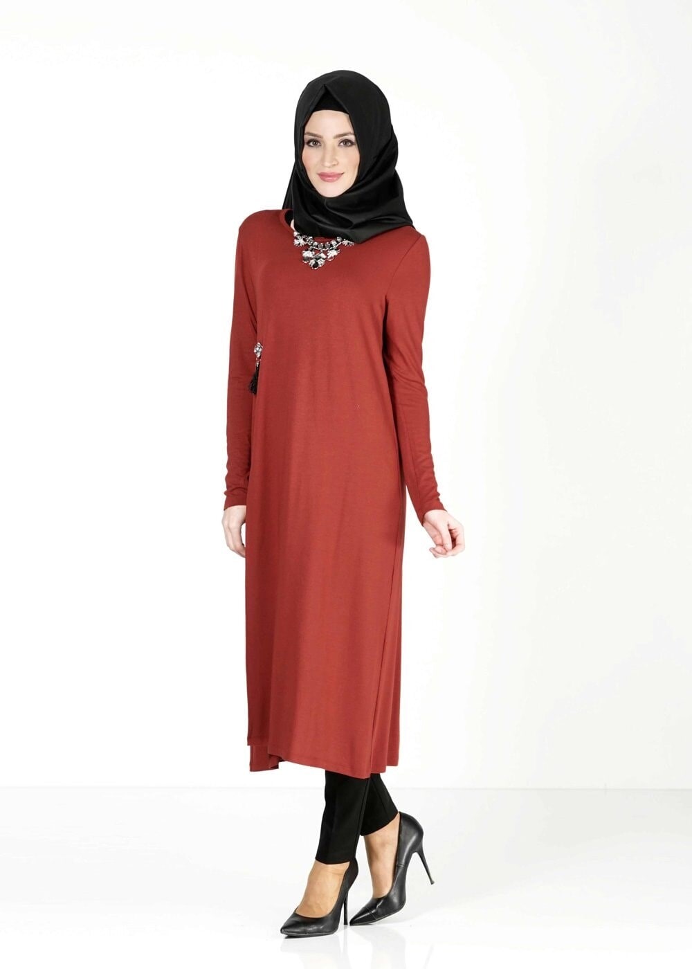 Tesettür giyim KIRMIZI UZUN BASIC TUNİK 4052 
