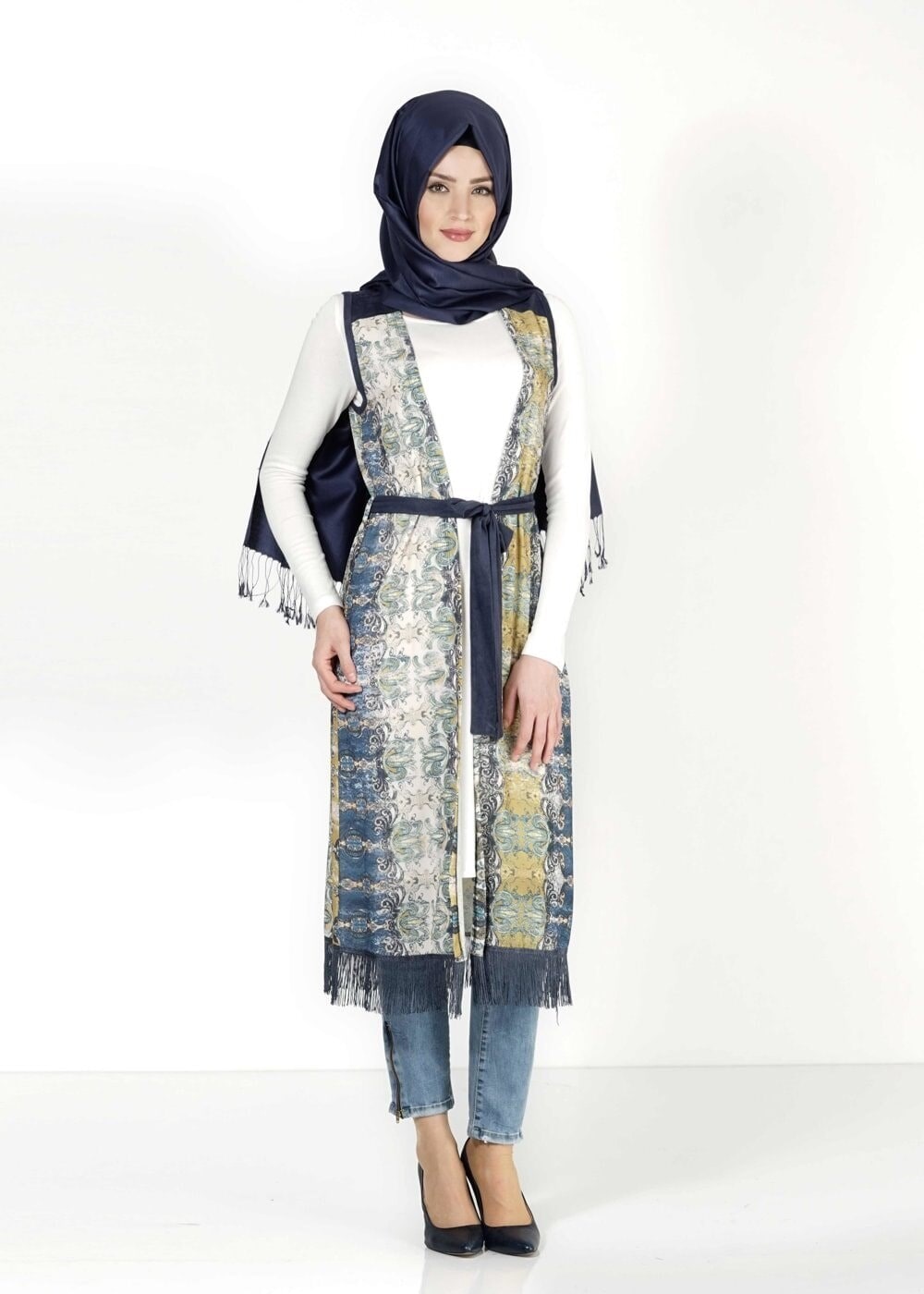 Tesettür giyim YEŞİL DESENLİ YELEKLİ TUNİK 4054 