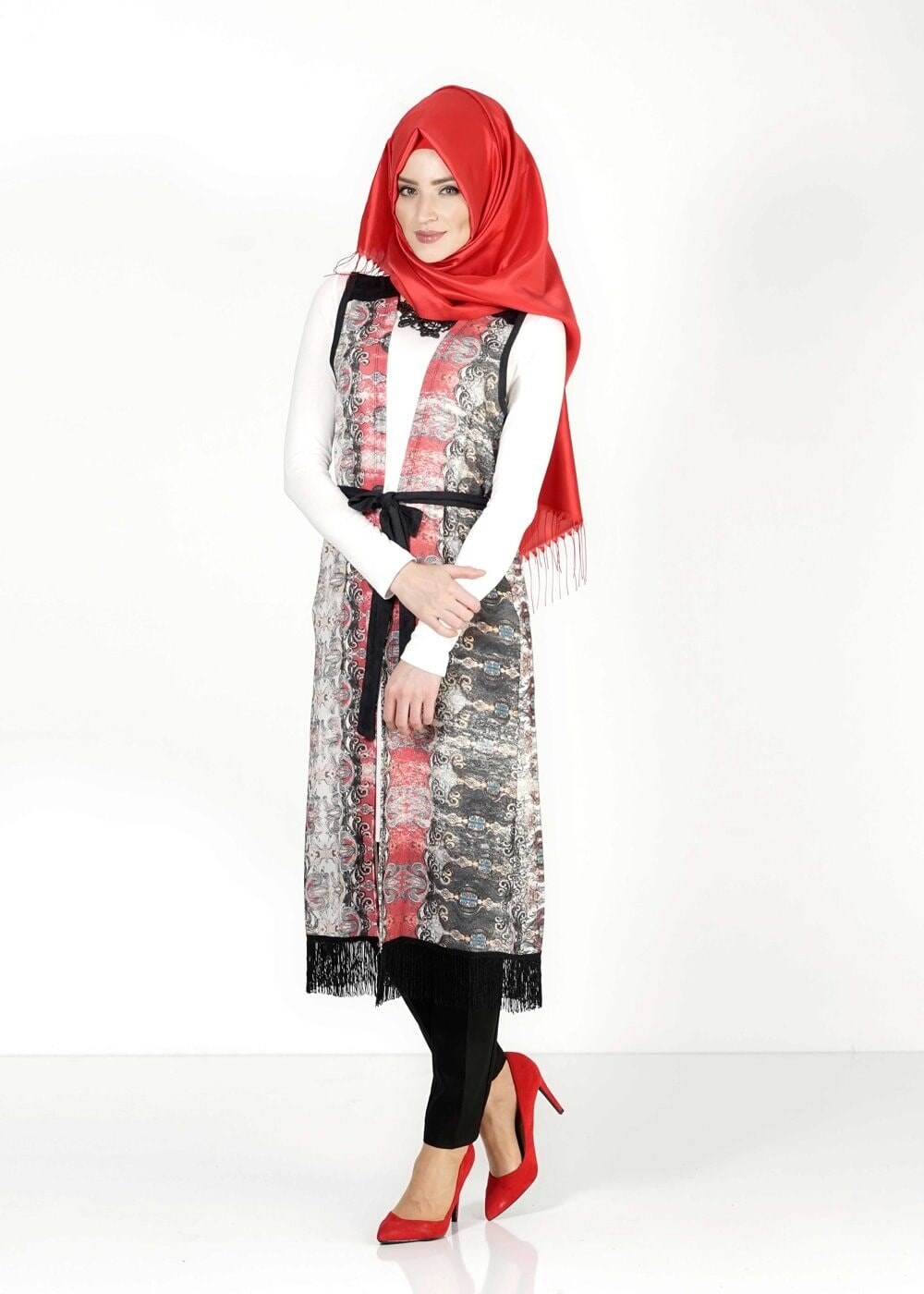 Tesettür giyim BORDO DESENLİ YELEKLİ TUNİK 4054 