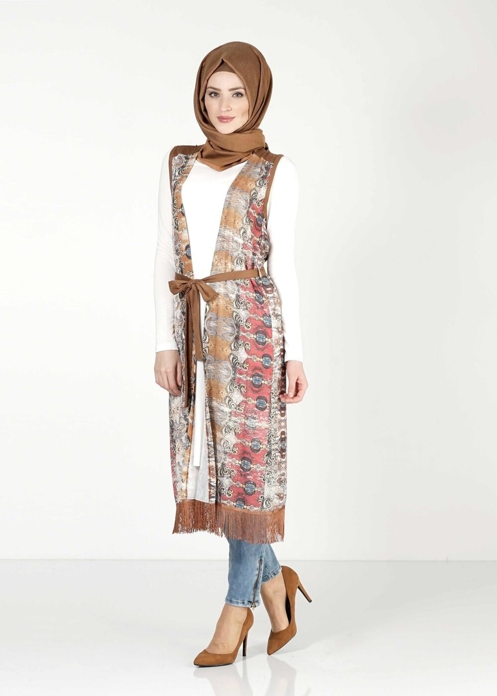 Tesettür giyim TABA DESENLİ YELEKLİ TUNİK 4054 
