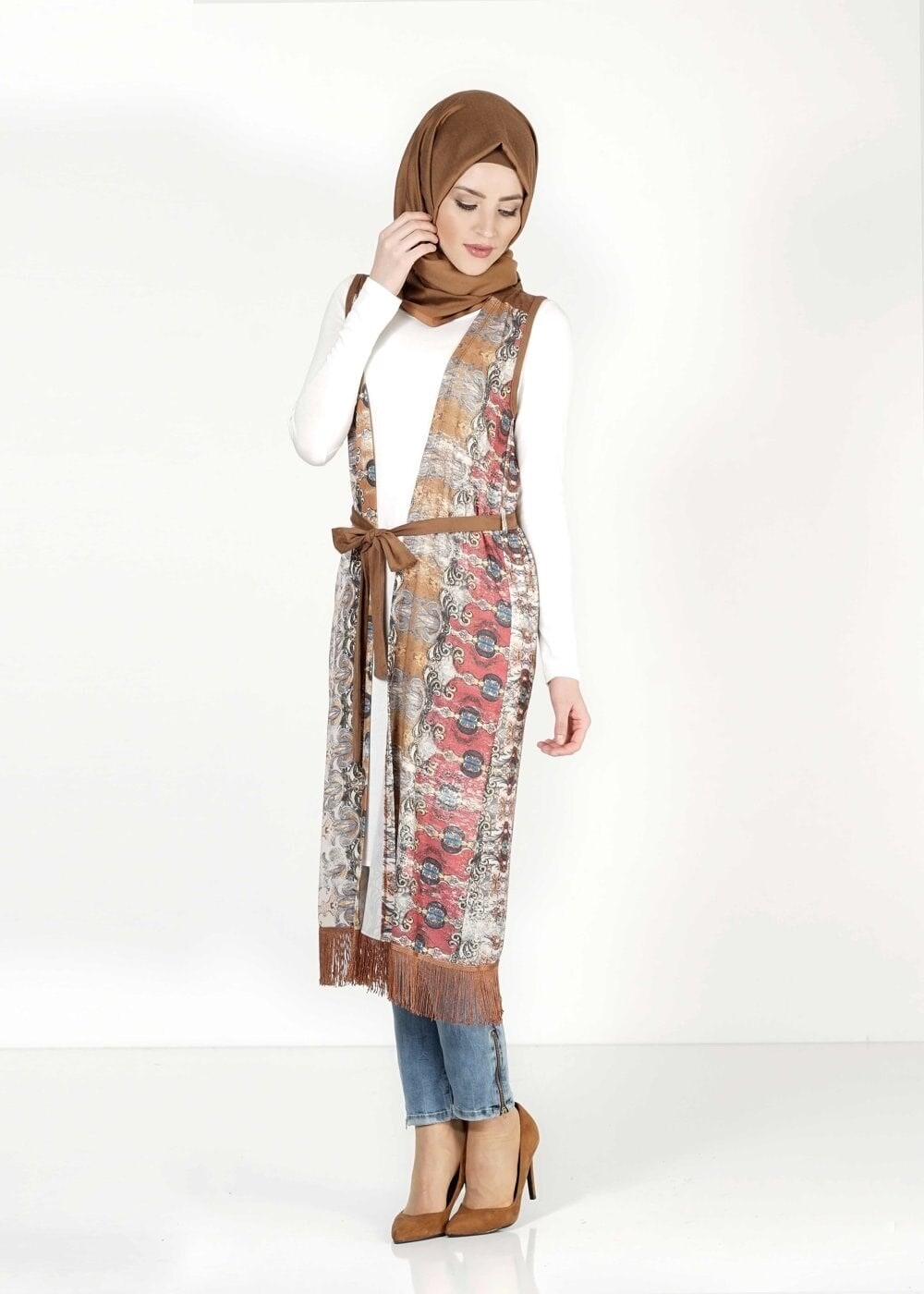Tesettür giyim TABA DESENLİ YELEKLİ TUNİK 4054 