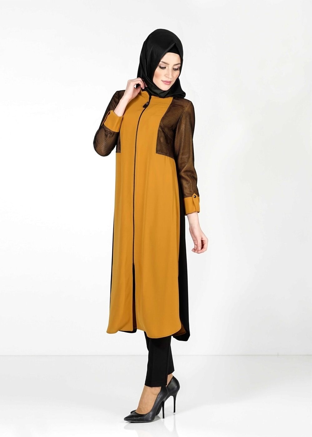 Tesettür giyim SARI FİLE DETAYLI FERMUARLI TUNİK 4065 