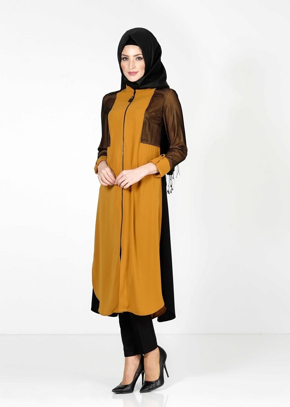Tesettür giyim SARI FİLE DETAYLI FERMUARLI TUNİK 4065 