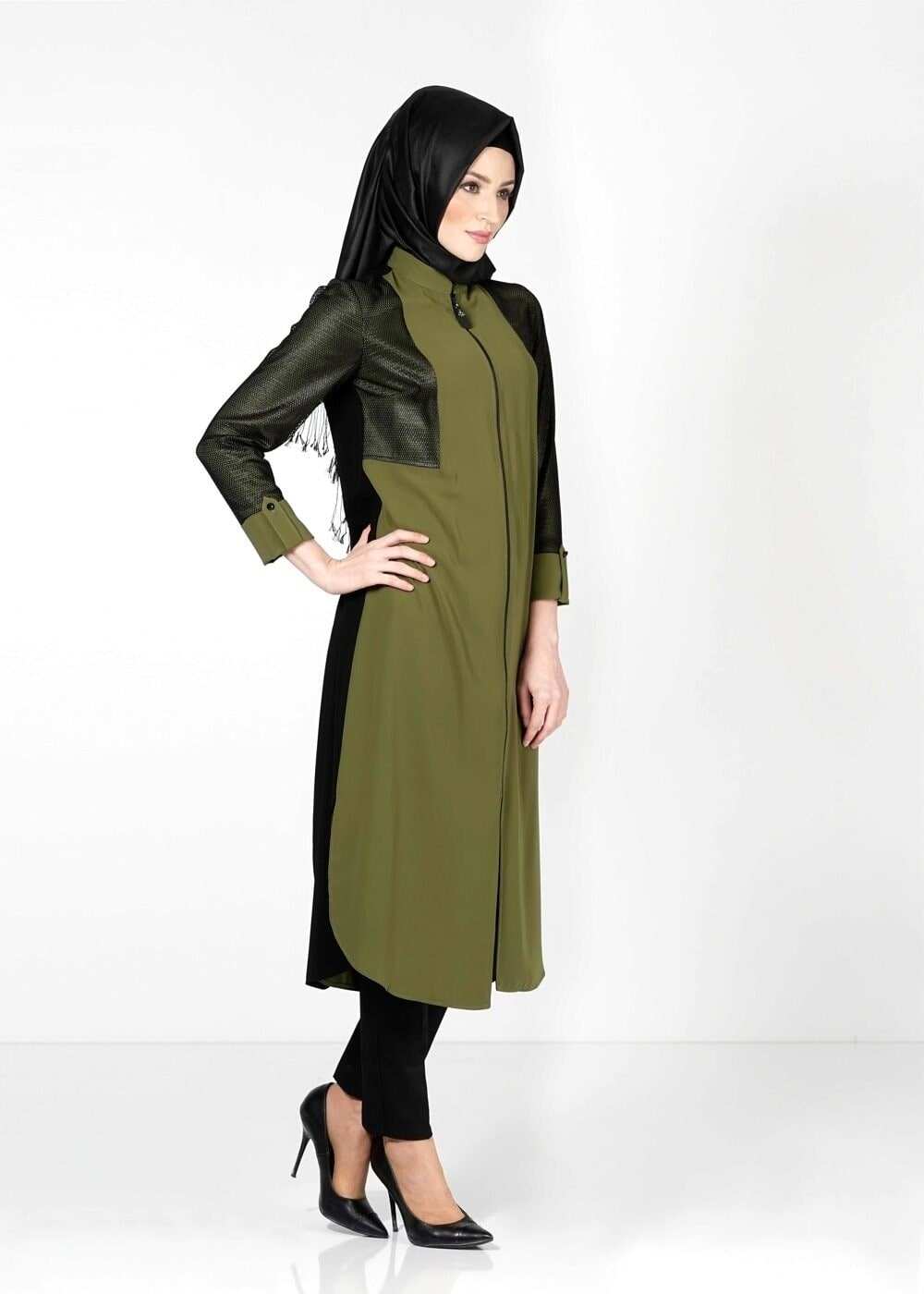 Tesettür giyim HAKİ FİLE DETAYLI FERMUARLI TUNİK 4065 